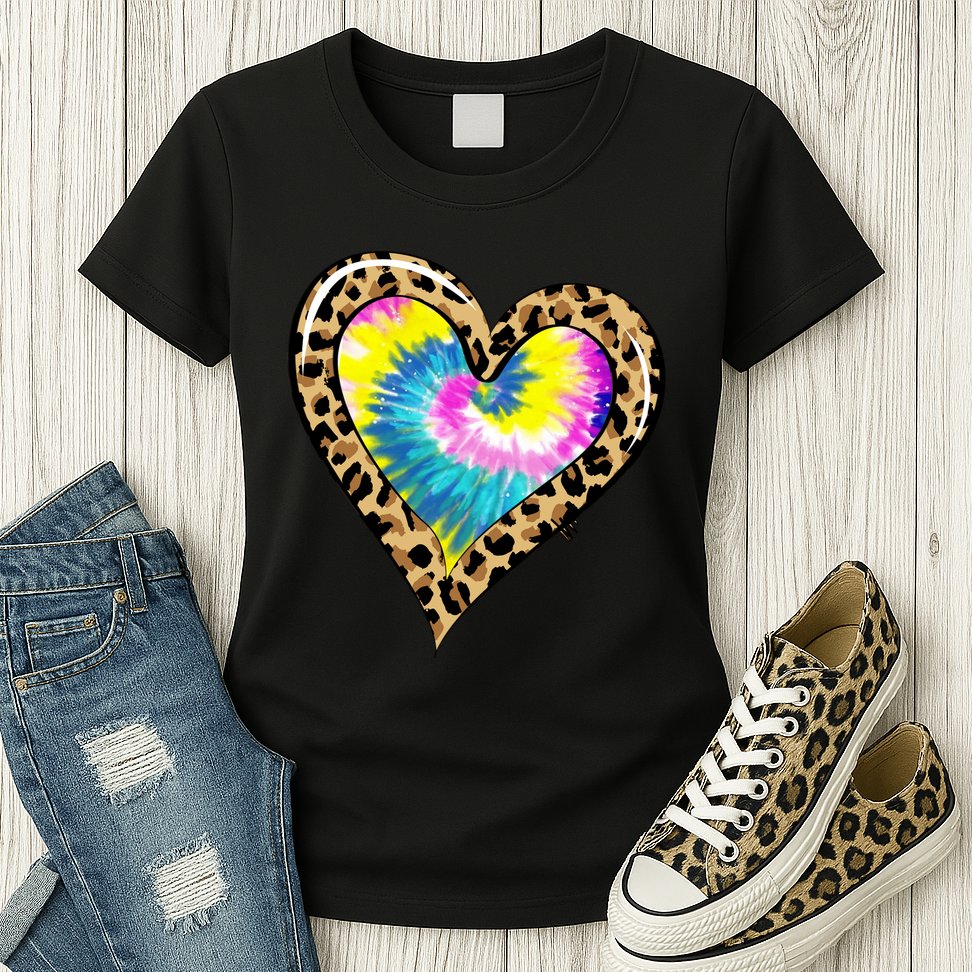 Tie Dye Colorful Cute Leopard Heart Love Hippie Womens T-Shirt