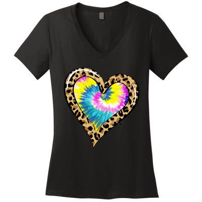 Tie Dye Colorful Cute Leopard Heart Love Hippie Women's V-Neck T-Shirt