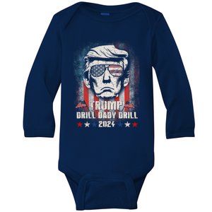 Trump Drill Drill American Flag Funny Gift Baby Long Sleeve Bodysuit