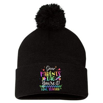 Tie Dye Dear Parents Tag Youre It Last Day Of School Teacher Pom Pom 12in Knit Beanie