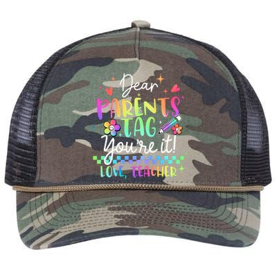 Tie Dye Dear Parents Tag Youre It Last Day Of School Teacher Retro Rope Trucker Hat Cap