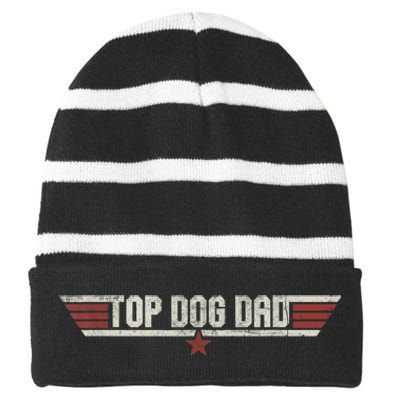 Top Dog Dad Funny Vintage 80s Gift Father Grandpa Fathers Day Striped Beanie with Solid Band