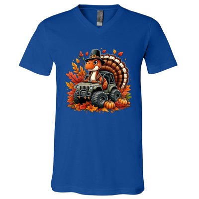 Thanksgiving Design Dinosaur T Rex Fall Truck Gift V-Neck T-Shirt