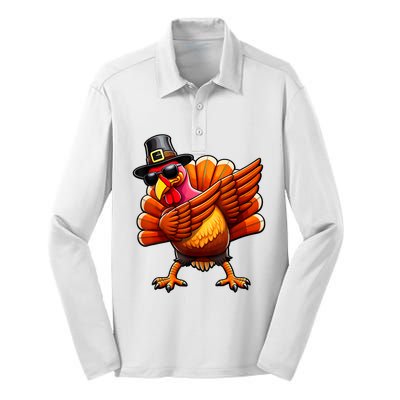 Thanksgiving Day Dabbing Turkey Pilgrim Funny Dab Silk Touch Performance Long Sleeve Polo