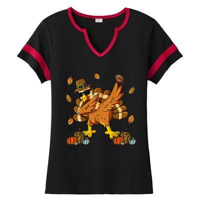 Thanksgiving Day Dabbing Turkey Pilgrim Ladies Halftime Notch Neck Tee