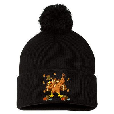 Thanksgiving Day Dabbing Turkey Pilgrim Pom Pom 12in Knit Beanie