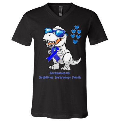 T-rex Dinosaur Developmental Disabilities Awareness Month V-Neck T-Shirt