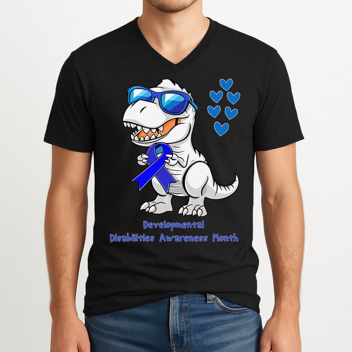T-rex Dinosaur Developmental Disabilities Awareness Month V-Neck T-Shirt