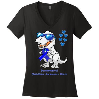 T-rex Dinosaur Developmental Disabilities Awareness Month Women's V-Neck T-Shirt