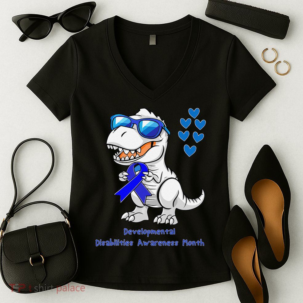 T-rex Dinosaur Developmental Disabilities Awareness Month Women's V-Neck T-Shirt