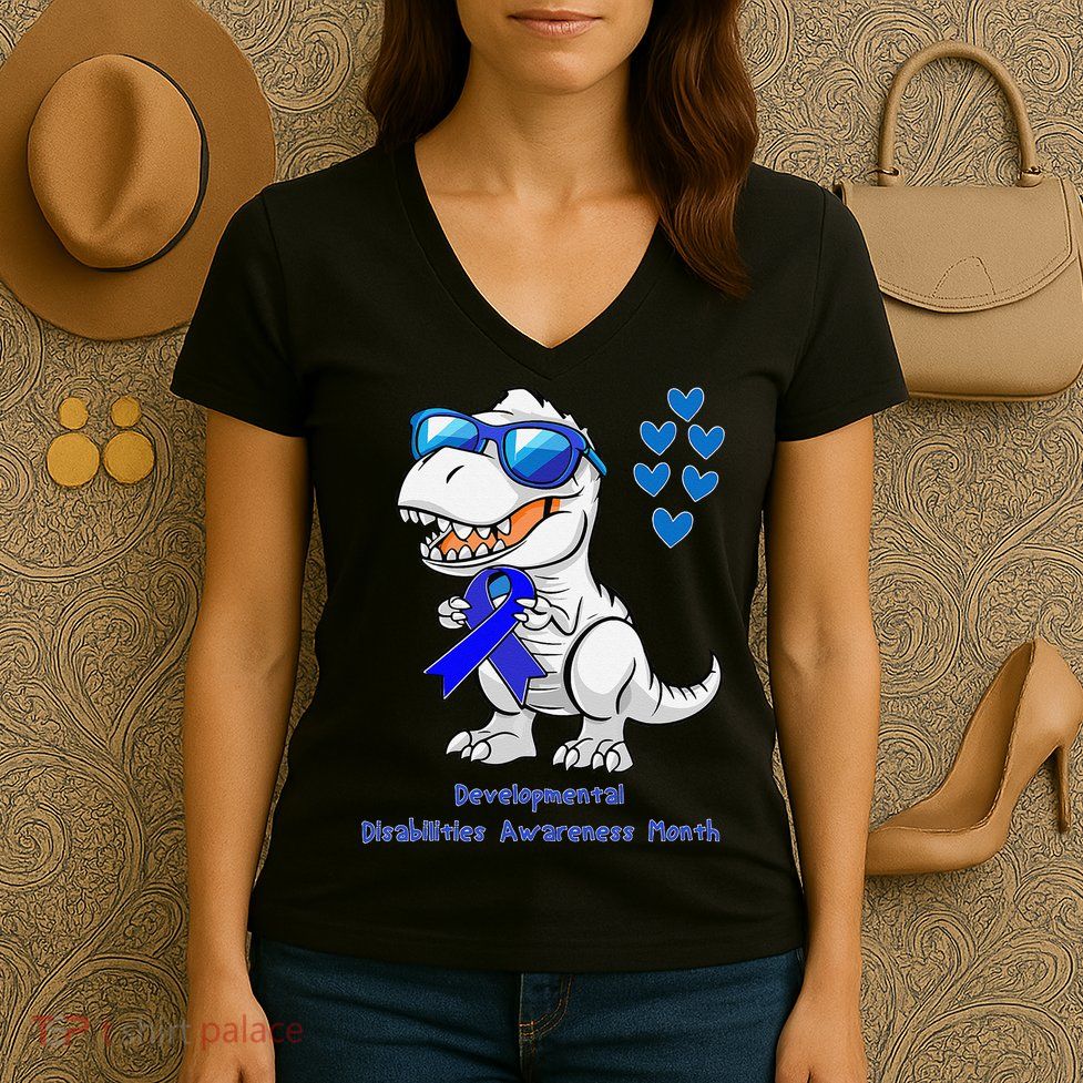 T-rex Dinosaur Developmental Disabilities Awareness Month Women's V-Neck T-Shirt