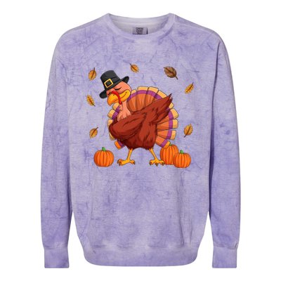 Thanksgiving Day Dabbing Turkey Pilgrim Boys Girls Cute Gift Colorblast Crewneck Sweatshirt