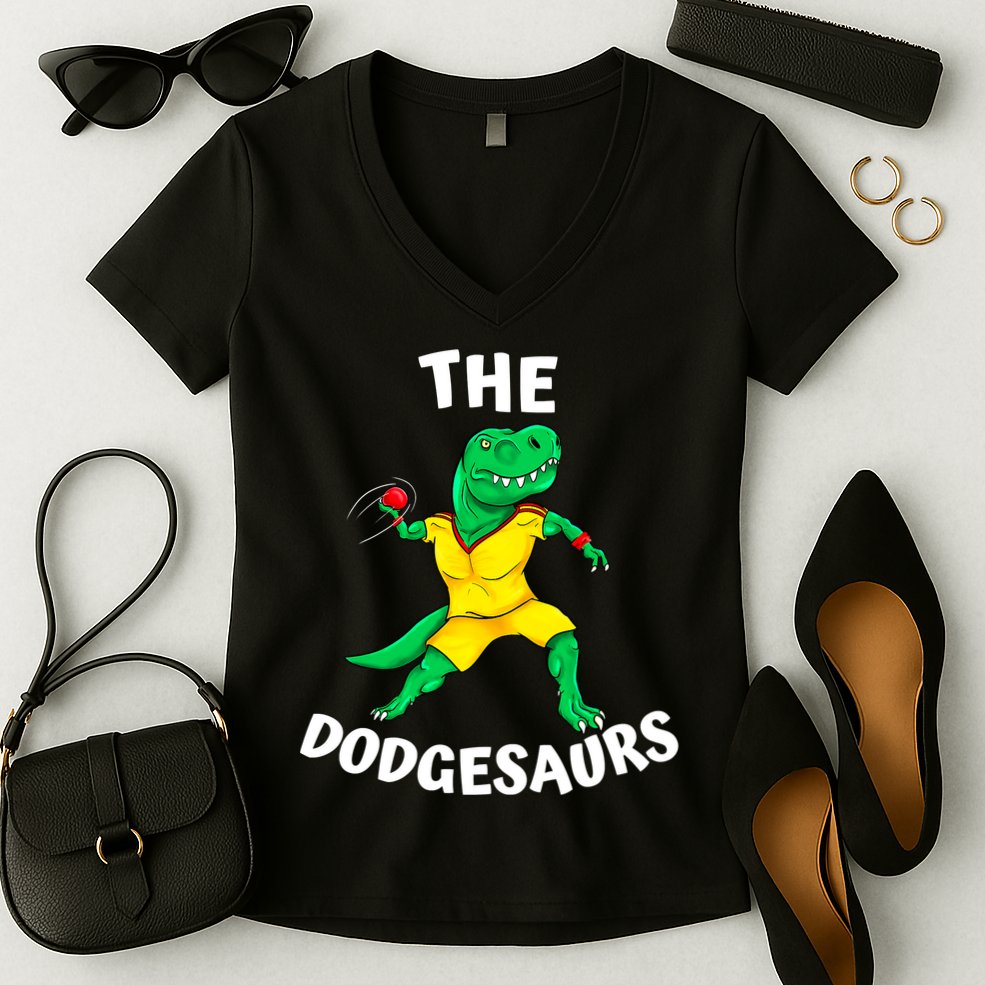 The Dodgesaurs Dodgeball Team Name Funny Dinosaur Dodgeball Women's V-Neck T-Shirt