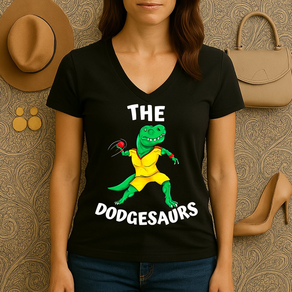 The Dodgesaurs Dodgeball Team Name Funny Dinosaur Dodgeball Women's V-Neck T-Shirt