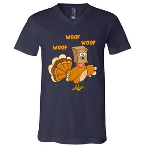 Thanksgiving Dog Fake Dog Woof Thanksgiving Turkey For Wo V-Neck T-Shirt