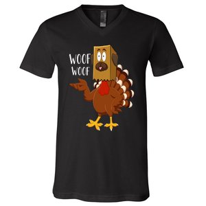 Thanksgiving Dog Funny Fake Dog Woof Thanksgiving Turkey V-Neck T-Shirt