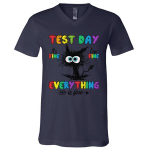 Test Day Funny Stressed Cat Teacher Student Testing Day V-Neck T-Shirt