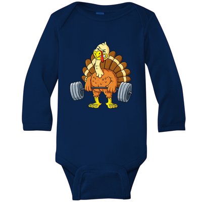 Turkey Deadlift Funny Thanksgiving Day Fitness Weightlifting Baby Long Sleeve Bodysuit