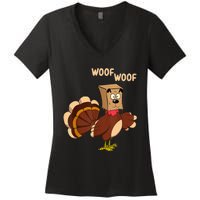 Thanksgiving Dog Fake Dog Woof Thanksgiving Turkey Women's V-Neck T-Shirt