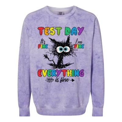 Test Day Funny Stressed Cat Teacher Student Testing Day Colorblast Crewneck Sweatshirt