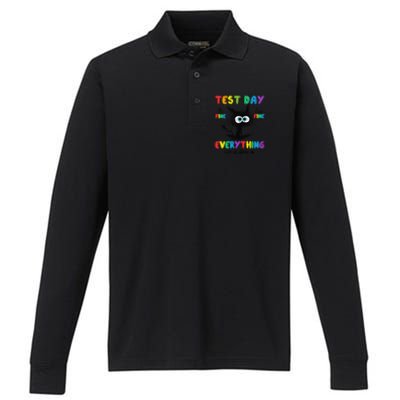 Test Day Funny Stressed Cat Teacher Student Testing Day Performance Long Sleeve Polo