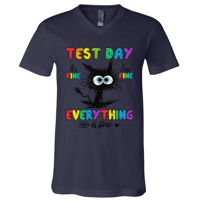 Test Day Funny Stressed Cat Teacher Student Testing Day V-Neck T-Shirt