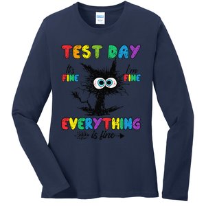 Test Day Funny Stressed Cat Teacher Student Testing Day Ladies Long Sleeve Shirt