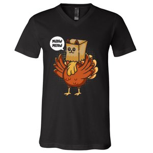 Thanksgiving Day Fake Cat Turkey Meow Animal Farmer V-Neck T-Shirt