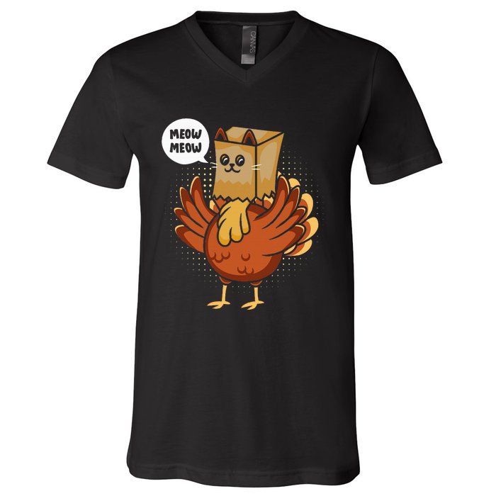 Thanksgiving Day Fake Cat Turkey Meow Animal Farmer V-Neck T-Shirt