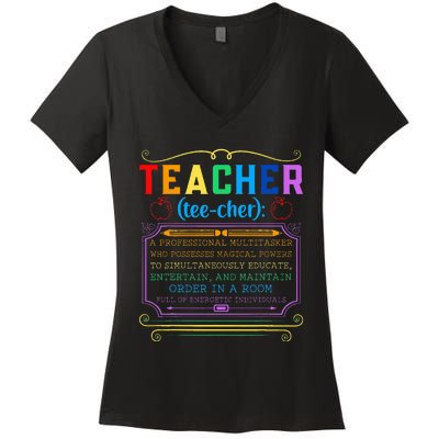 Teacher Definition Funny Teaching School Teacher Women's V-Neck T-Shirt