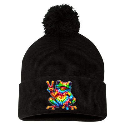Tie Dye Frog Peace Sign Hippie Pom Pom 12in Knit Beanie