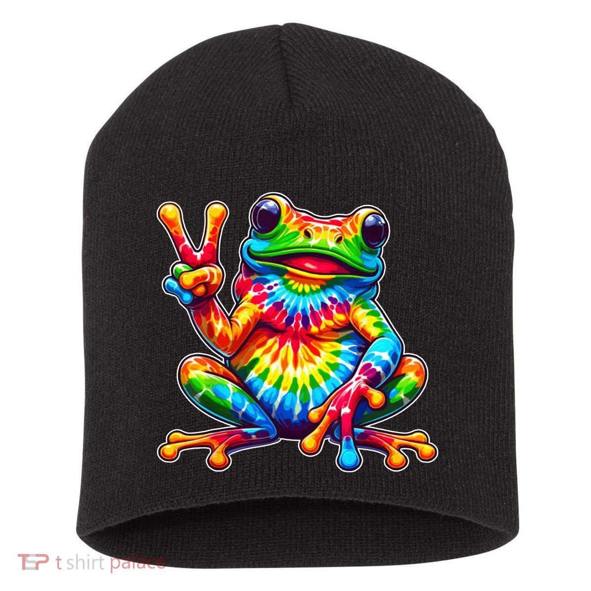 Tie Dye Frog Peace Sign Hippie Short Acrylic Beanie