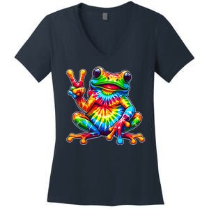 Tie Dye Frog Peace Sign Hippie Women's V-Neck T-Shirt