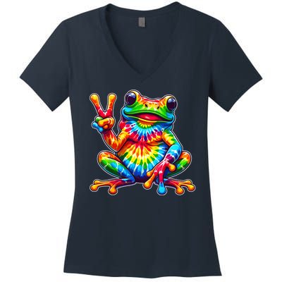 Tie Dye Frog Peace Sign Hippie Women's V-Neck T-Shirt