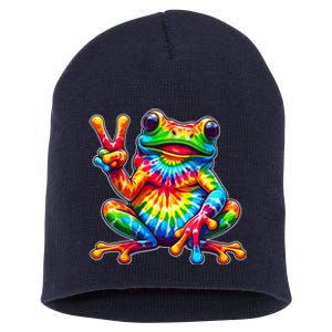 Tie Dye Frog Peace Sign Hippie Short Acrylic Beanie