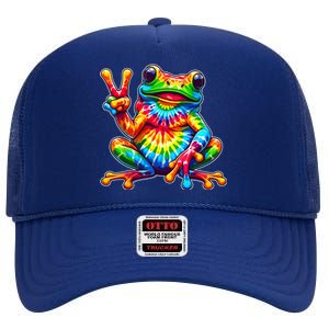 Tie Dye Frog Peace Sign Hippie High Crown Mesh Back Trucker Hat