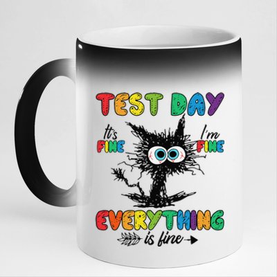 Test Day Funny Stressed Cat Teacher Student Testing Day 11oz Black Color Changing Mug