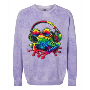 Tie Dye Frog Peace Sign Hippie Frog With Headphones Colorblast Crewneck Sweatshirt