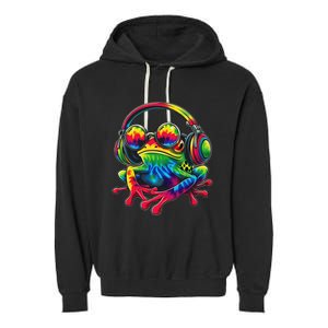 Tie Dye Frog Peace Sign Hippie Frog With Headphones Garment-Dyed Fleece Hoodie