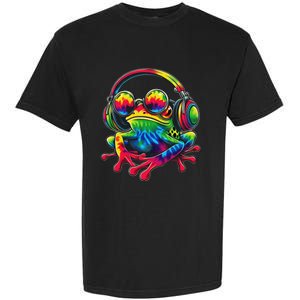 Tie Dye Frog Peace Sign Hippie Frog With Headphones Garment-Dyed Heavyweight T-Shirt