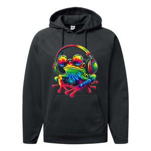 Tie Dye Frog Peace Sign Hippie Frog With Headphones Performance Fleece Hoodie