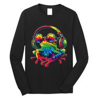 Tie Dye Frog Peace Sign Hippie Frog With Headphones Long Sleeve Shirt