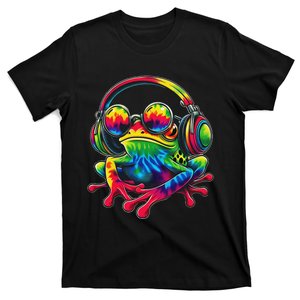 Tie Dye Frog Peace Sign Hippie Frog With Headphones T-Shirt