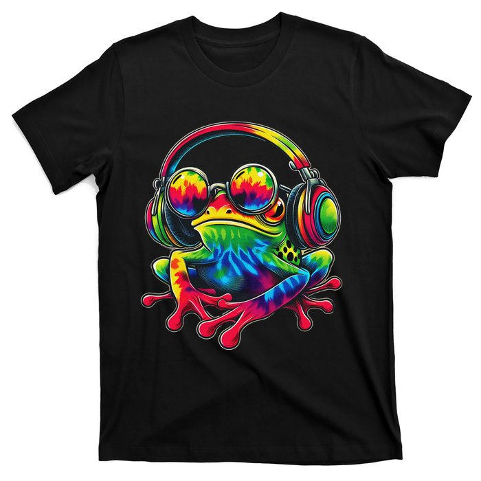 Tie Dye Frog Peace Sign Hippie Frog With Headphones T-Shirt