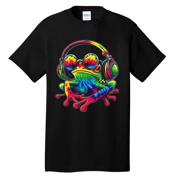 Tie Dye Frog Peace Sign Hippie Frog With Headphones Tall T-Shirt