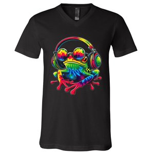 Tie Dye Frog Peace Sign Hippie Frog With Headphones V-Neck T-Shirt