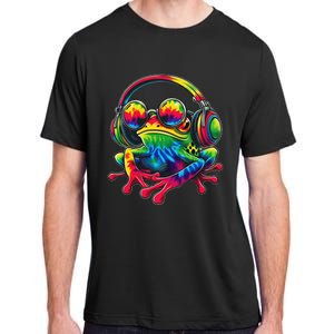 Tie Dye Frog Peace Sign Hippie Frog With Headphones Adult ChromaSoft Performance T-Shirt