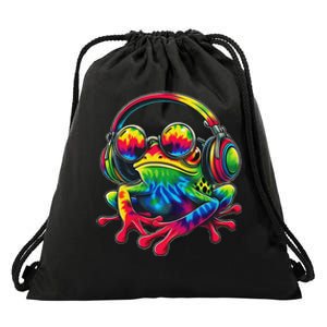 Tie Dye Frog Peace Sign Hippie Frog With Headphones Drawstring Bag