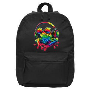 Tie Dye Frog Peace Sign Hippie Frog With Headphones 16 in Basic Backpack