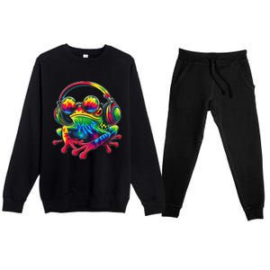 Tie Dye Frog Peace Sign Hippie Frog With Headphones Premium Crewneck Sweatsuit Set